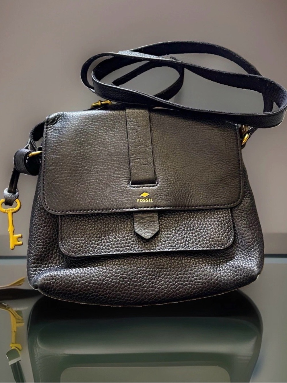 Fossil Black Pebbled Leather Crossbody with Gold Accent Key Charm